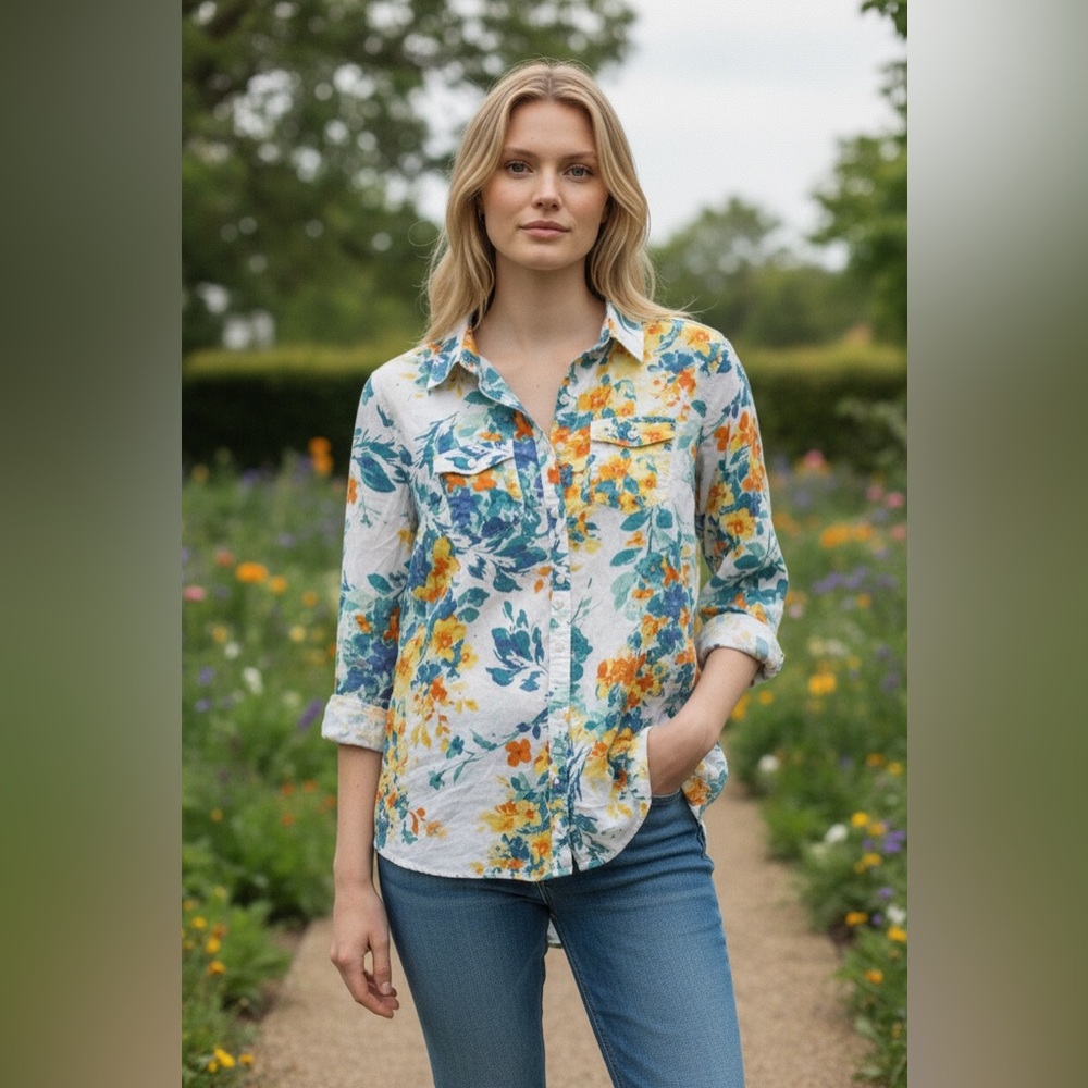St. John's Bay Floral Blouse - Blue and Orange